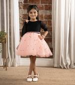 3/4th sleeves fit and flare dress with pulse beaded belt for baby girls - black & pink