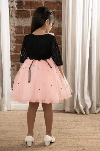 3/4th sleeves fit and flare dress with pulse beaded belt for baby girls - black & pink