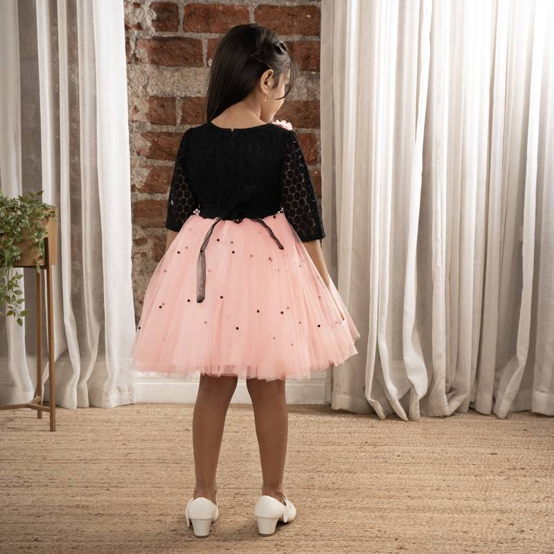 3/4th sleeves fit and flare dress with pulse beaded belt for baby girls - black & pink