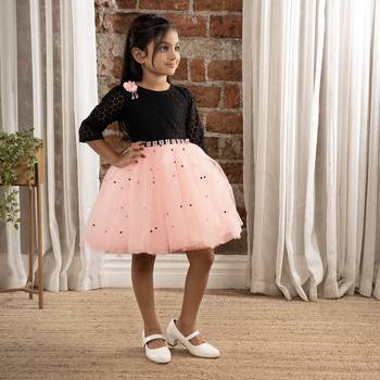 3/4th sleeves fit and flare dress with pulse beaded belt for baby girls - black & pink 4