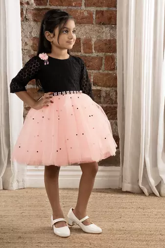 3/4th sleeves fit and flare dress with pulse beaded belt for baby girls - black & pink