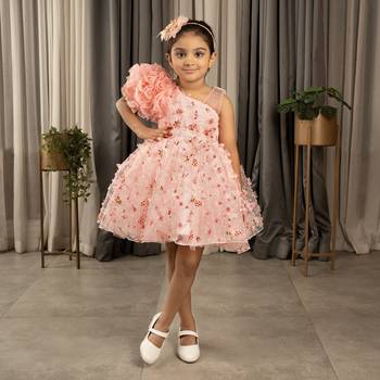 one shoulder ruffled Frock with 3D Flowers for Girls- Peach 1