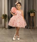 one shoulder ruffled Frock with 3D Flowers for Girls- Peach