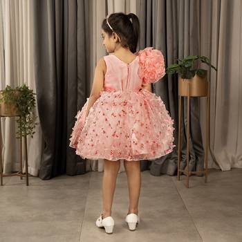 one shoulder ruffled Frock with 3D Flowers for Girls- Peach 2