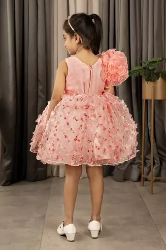 one shoulder ruffled Frock with 3D Flowers for Girls- Peach