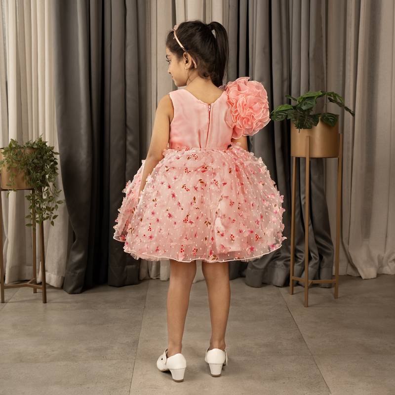 one shoulder ruffled Frock with 3D Flowers for Girls- Peach