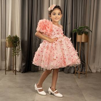 one shoulder ruffled Frock with 3D Flowers for Girls- Peach 3