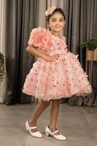 one shoulder ruffled Frock with 3D Flowers for Girls- Peach