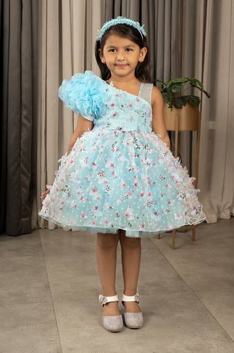 Ministitch one shoulder ruffled Frock with 3D Flowers for Girl- Blue