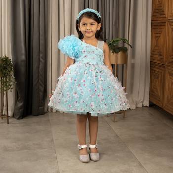 one shoulder ruffled Frock with 3D Flowers for Girl- Blue 1