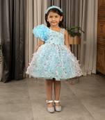 one shoulder ruffled Frock with 3D Flowers for Girl- Blue