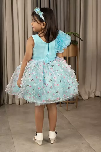 one shoulder ruffled Frock with 3D Flowers for Girl- Blue