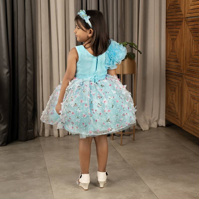 one shoulder ruffled Frock with 3D Flowers for Girl- Blue