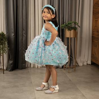 one shoulder ruffled Frock with 3D Flowers for Girl- Blue 3