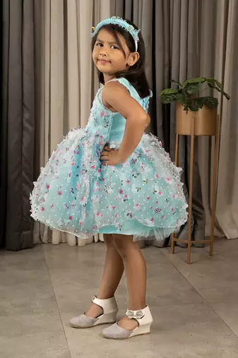 one shoulder ruffled Frock with 3D Flowers for Girl- Blue