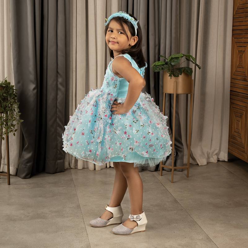 one shoulder ruffled Frock with 3D Flowers for Girl- Blue