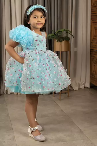 one shoulder ruffled Frock with 3D Flowers for Girl- Blue