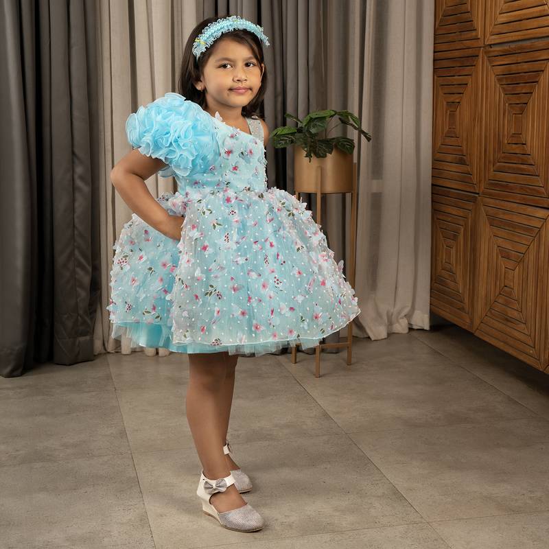one shoulder ruffled Frock with 3D Flowers for Girl- Blue