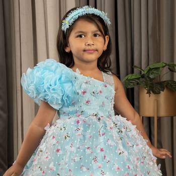 one shoulder ruffled Frock with 3D Flowers for Girl- Blue 5