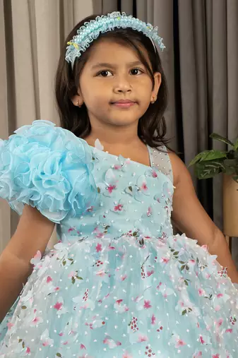 one shoulder ruffled Frock with 3D Flowers for Girl- Blue