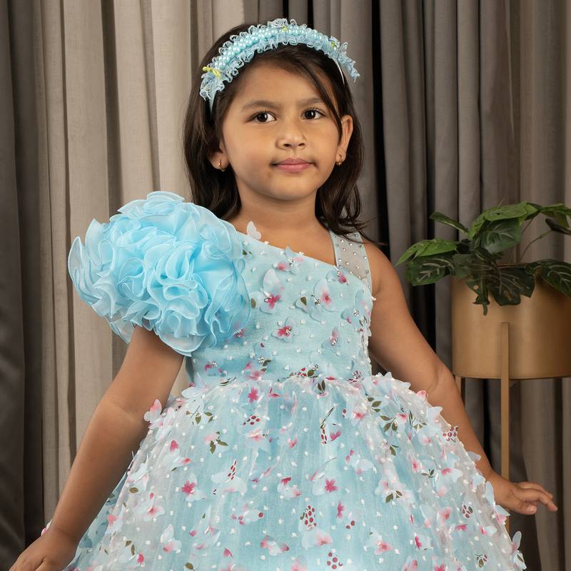one shoulder ruffled Frock with 3D Flowers for Girl- Blue
