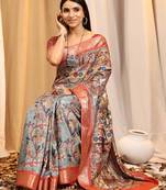 Sky Blue With Multicolor Kalamkari Printed Tussar Silk Saree 