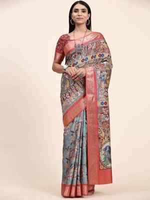 Sky Blue With Multicolor Kalamkari Printed Tussar Silk Saree  2