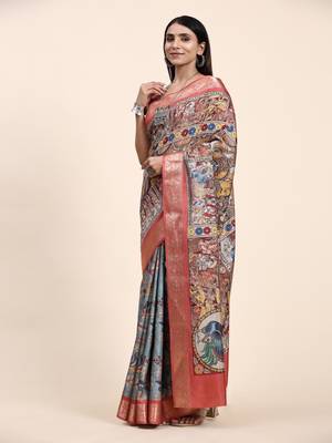 Sky Blue With Multicolor Kalamkari Printed Tussar Silk Saree  3
