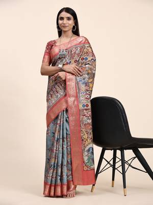 Sky Blue With Multicolor Kalamkari Printed Tussar Silk Saree  4