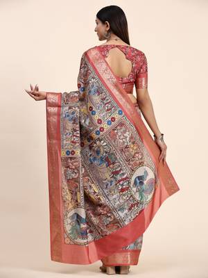 Sky Blue With Multicolor Kalamkari Printed Tussar Silk Saree  5
