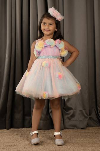 Ministitch All over Flower Applique princess Frock - Multicolor