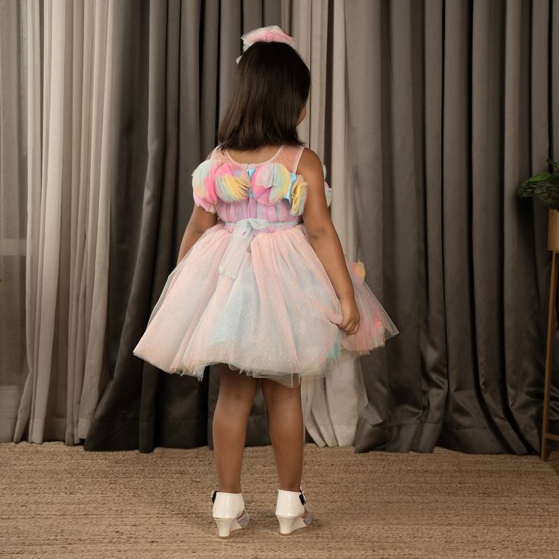 All over Flower Applique princess Frock - Multicolor