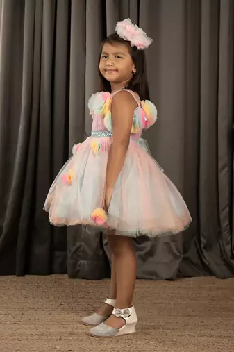 All over Flower Applique princess Frock - Multicolor