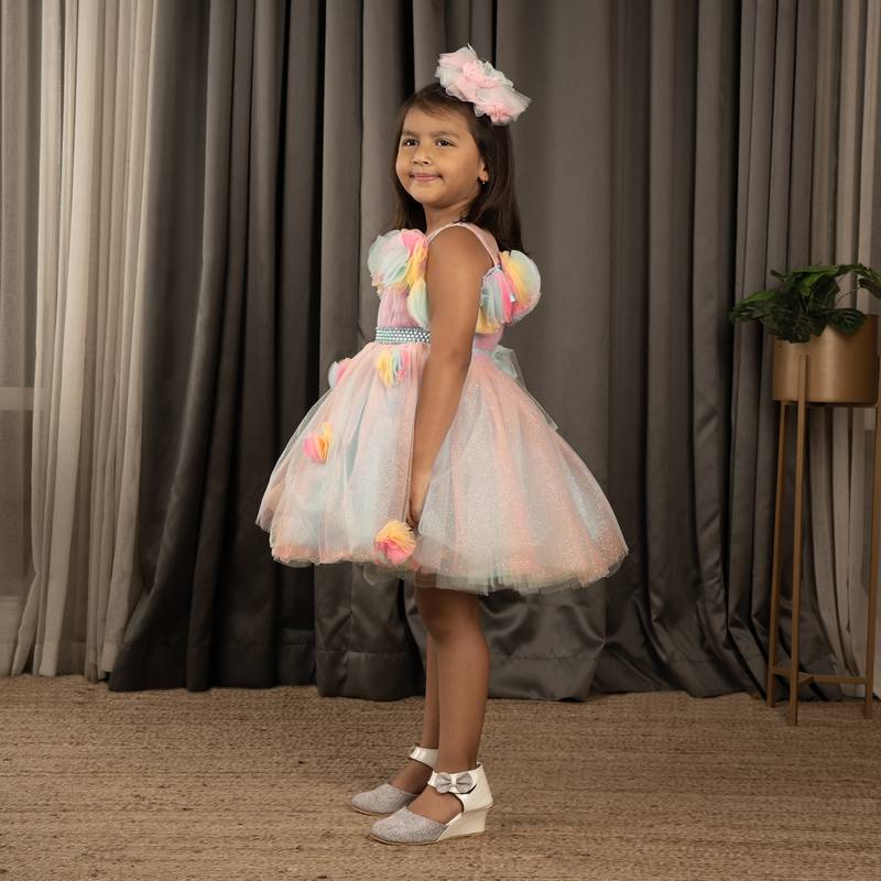 All over Flower Applique princess Frock - Multicolor