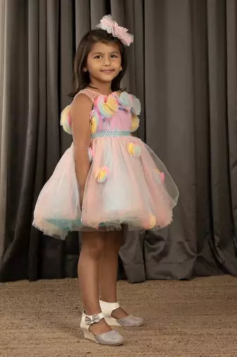 All over Flower Applique princess Frock - Multicolor