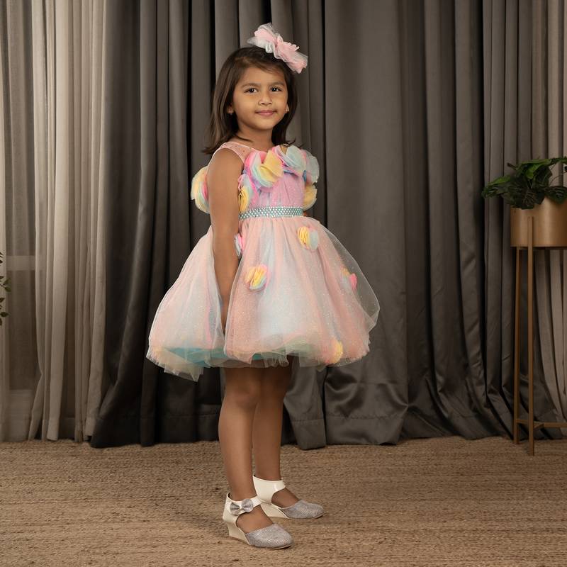 All over Flower Applique princess Frock - Multicolor
