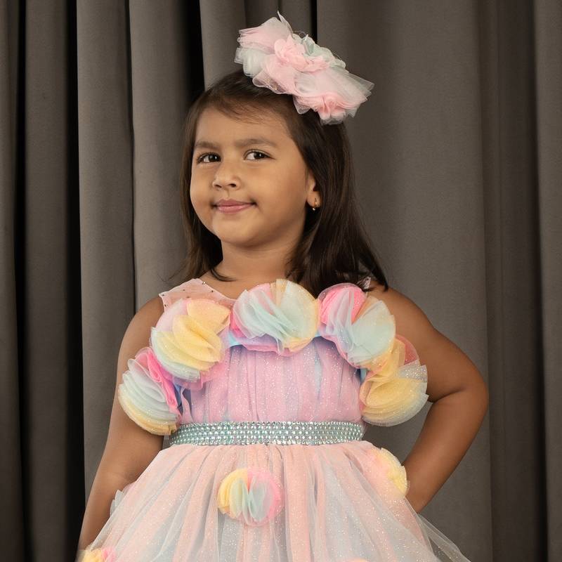 All over Flower Applique princess Frock - Multicolor