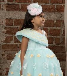 Frilled body and 3D flower party frock with shimmer for baby girls - Sky Blue