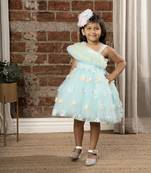 Frilled body and 3D flower party frock with shimmer for baby girls - Sky Blue