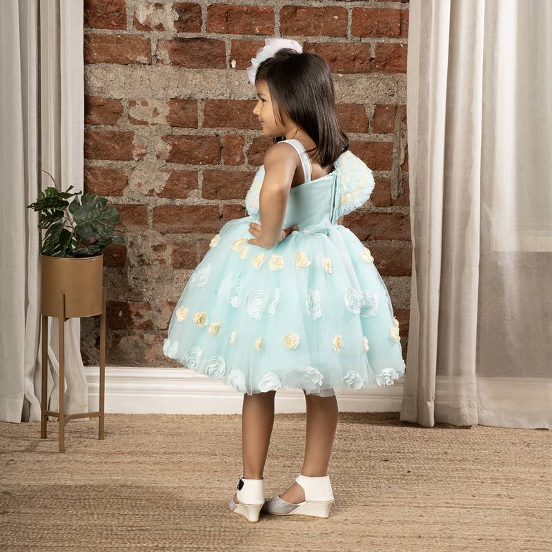 Frilled body and 3D flower party frock with shimmer for baby girls - Sky Blue