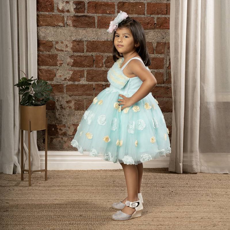 Frilled body and 3D flower party frock with shimmer for baby girls - Sky Blue