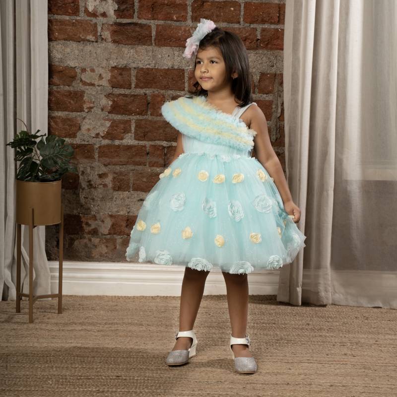 Frilled body and 3D flower party frock with shimmer for baby girls - Sky Blue