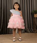 Ministitch Frilled body and 3D flower party frock with shimmer for baby girls - Pink