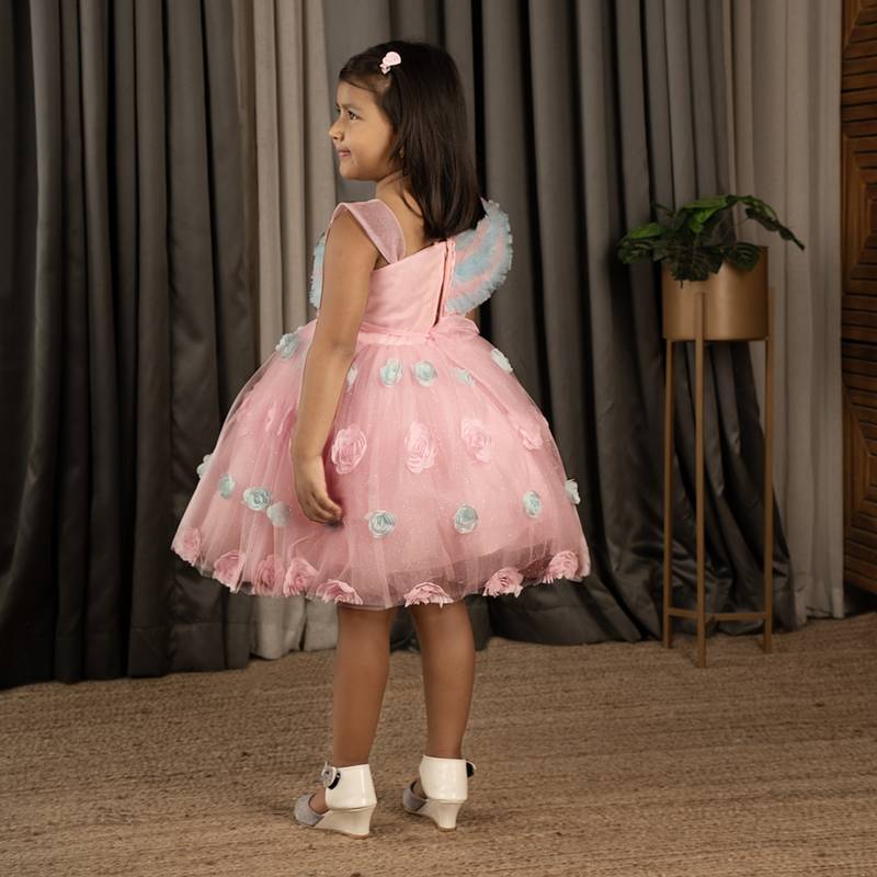Ministitch Frilled body and 3D flower party frock with shimmer for baby girls - Pink