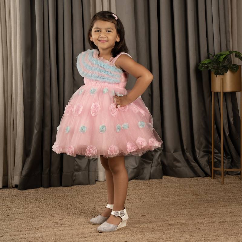 Ministitch Frilled body and 3D flower party frock with shimmer for baby girls - Pink