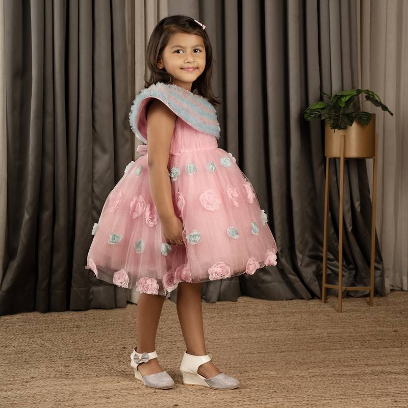 Ministitch Frilled body and 3D flower party frock with shimmer for baby girls - Pink
