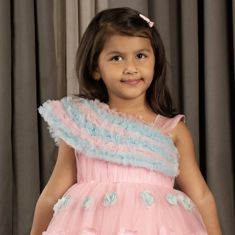 Ministitch Frilled body and 3D flower party frock with shimmer for baby girls - Pink