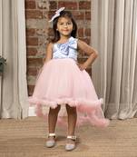 satin bow Detailed High and Low Party Frock for girls - Blue & Pink