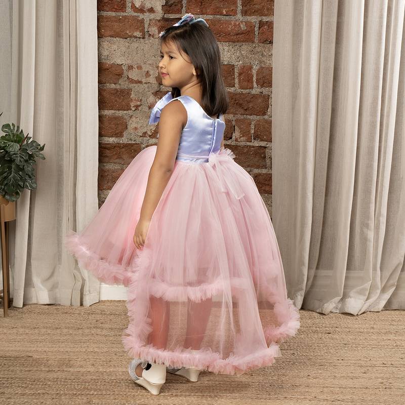 satin bow Detailed High and Low Party Frock for girls - Blue & Pink