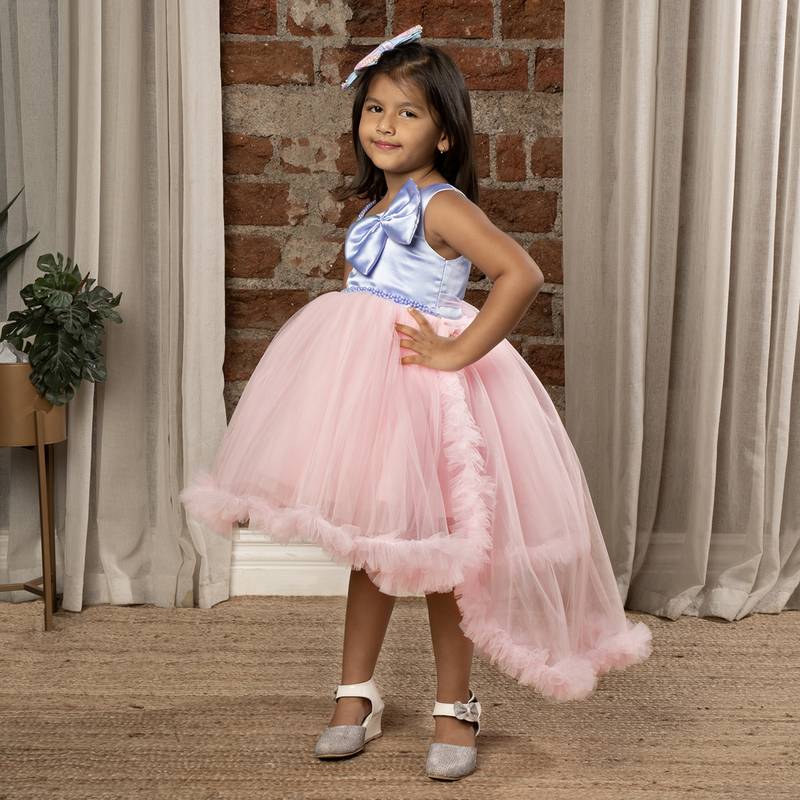 satin bow Detailed High and Low Party Frock for girls - Blue & Pink